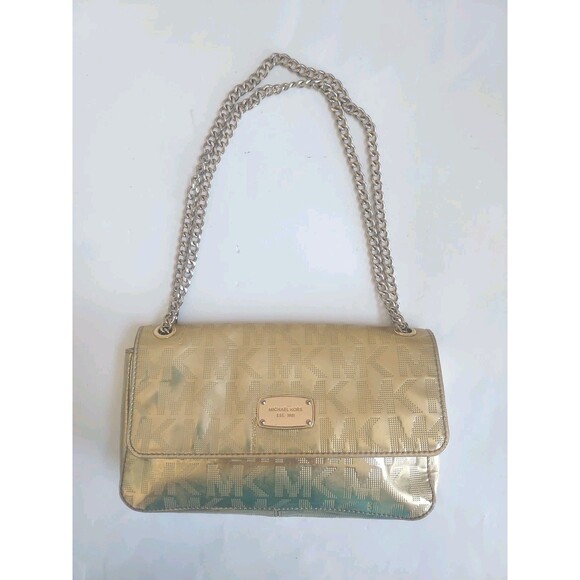Michael Kors MK Jet Set Patent Gold Metallic W/Cuban Chain Link Shoulder Bag - Picture 1 of 9